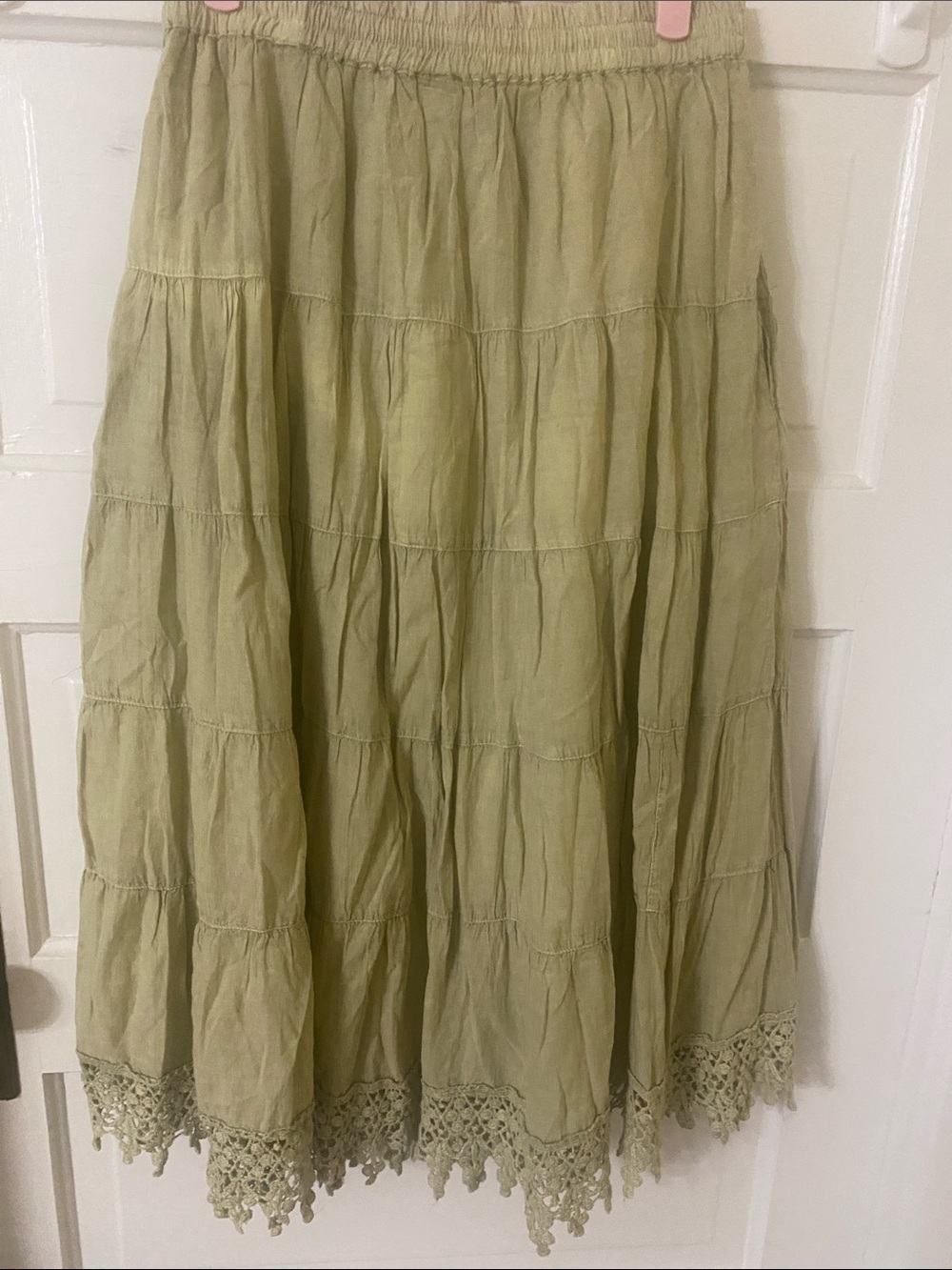 NWT Young Threads Sage Green Tiered Midi Skirt Lace Trim Cotton Large - Picture 6 of 8